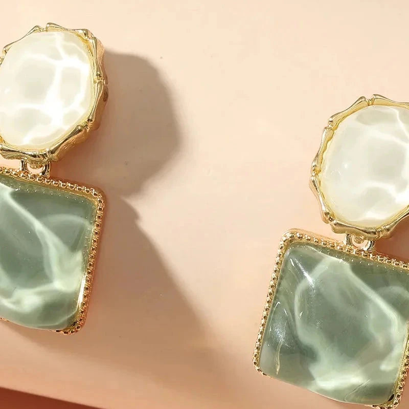 Green Geometric Drop Statement Earrings