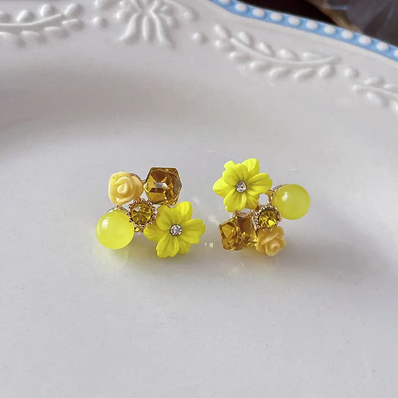 Yellow-Crystal Flower Stud Earrings