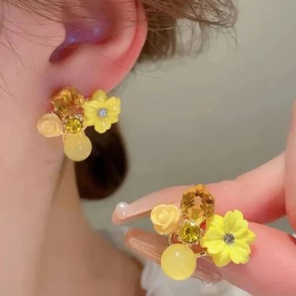Yellow-Crystal Flower Stud Earrings