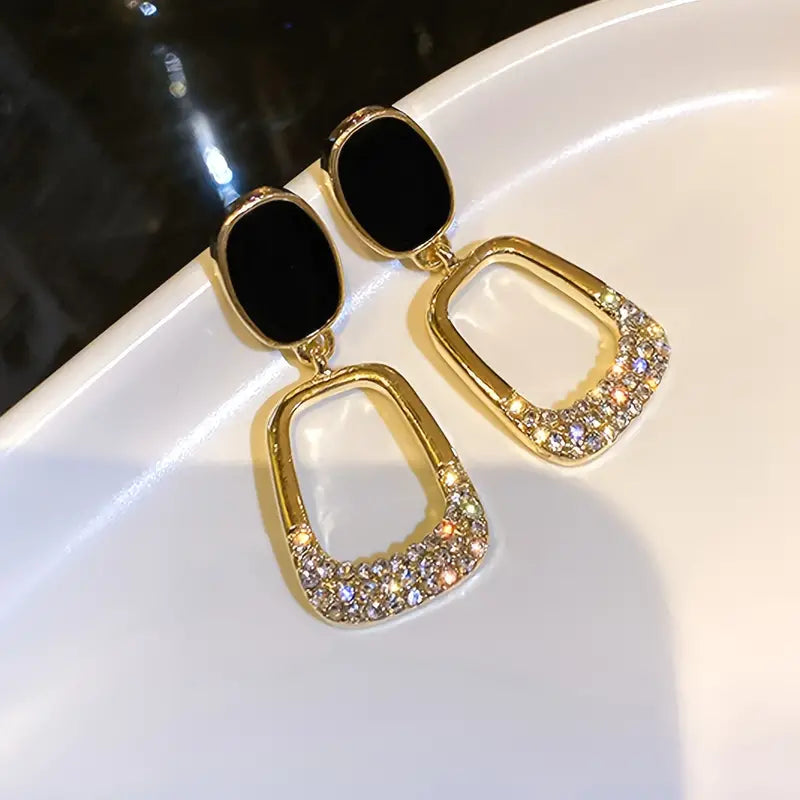 Black-Golden-Geometric Rhinestone Drop Earrings