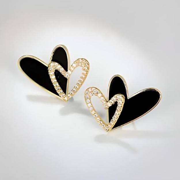 Double Heart Black Stud Earrings