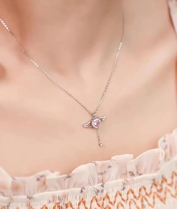 Silver Angel Heart Chain Pendant Necklace