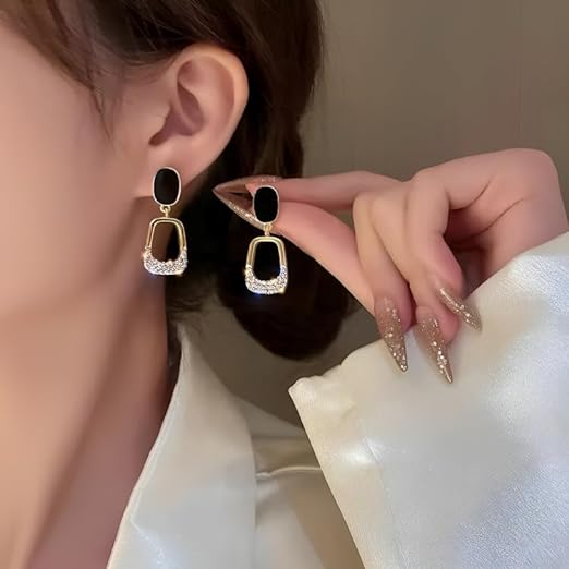 Black-Golden-Geometric Rhinestone Drop Earrings