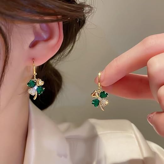 Golden And Green Four-Leaf Clover Earrings