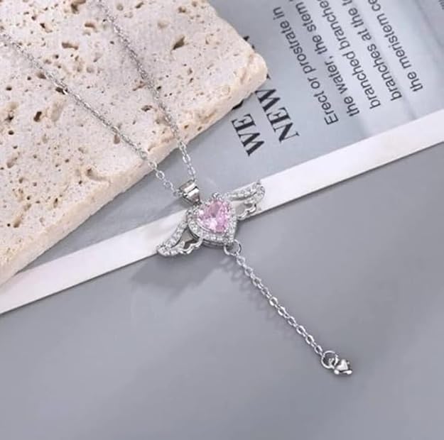 Silver Angel Heart Chain Pendant Necklace