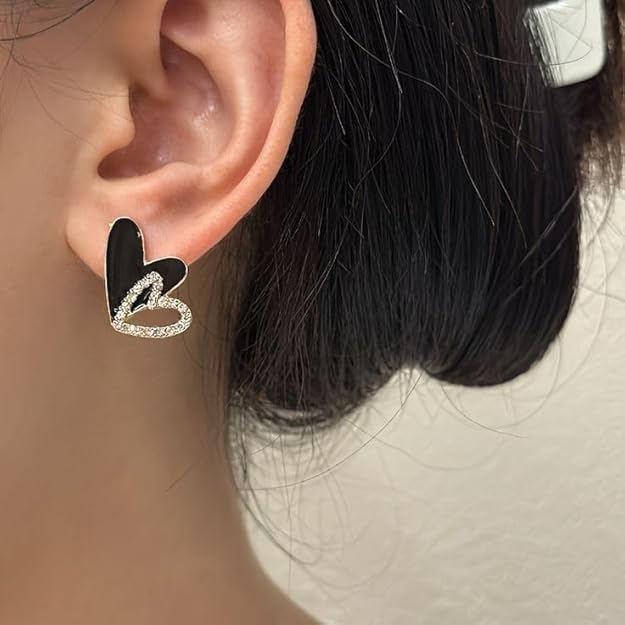 Double Heart Black Stud Earrings
