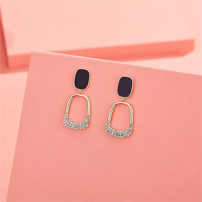 Black-Golden-Geometric Rhinestone Drop Earrings