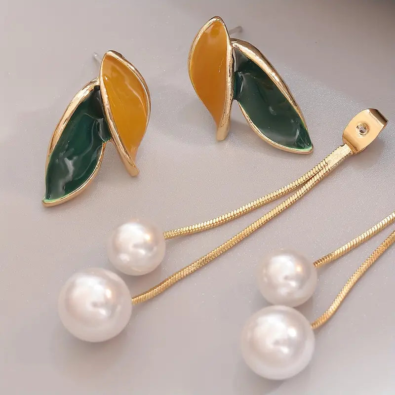 Leaf Pearl Dangler Statement Earrings