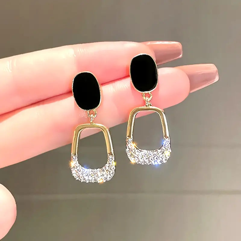 Black-Golden-Geometric Rhinestone Drop Earrings
