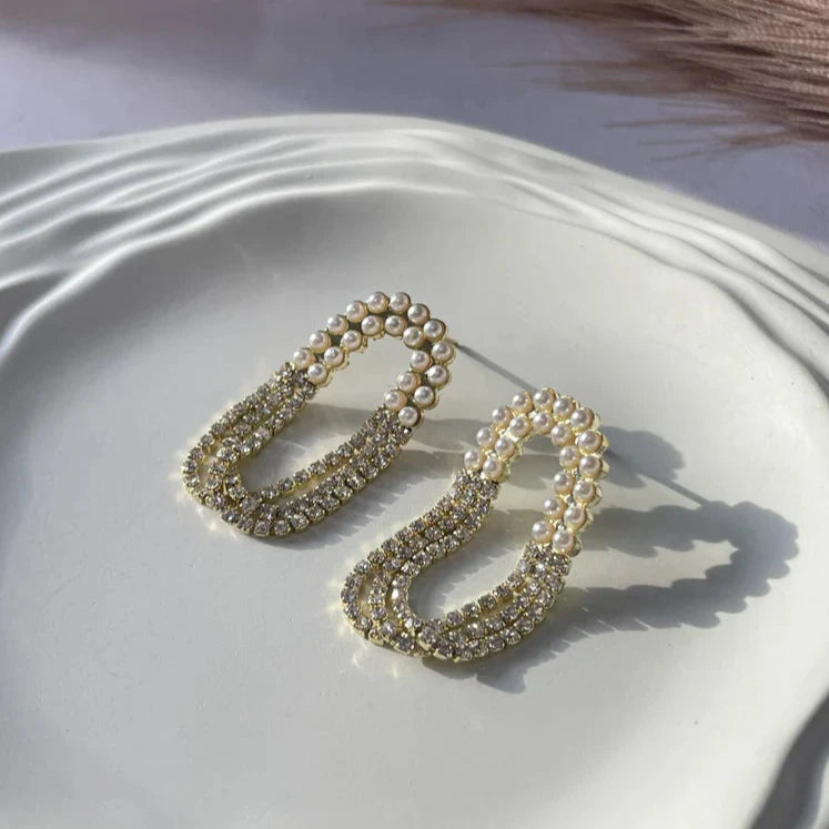 Crystal Duo Pearl Gold Earrings