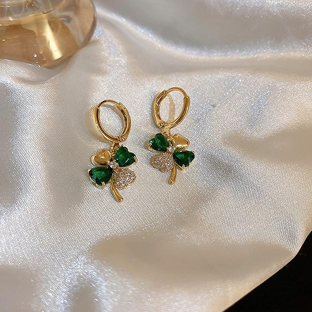 Golden And Green Four-Leaf Clover Earrings