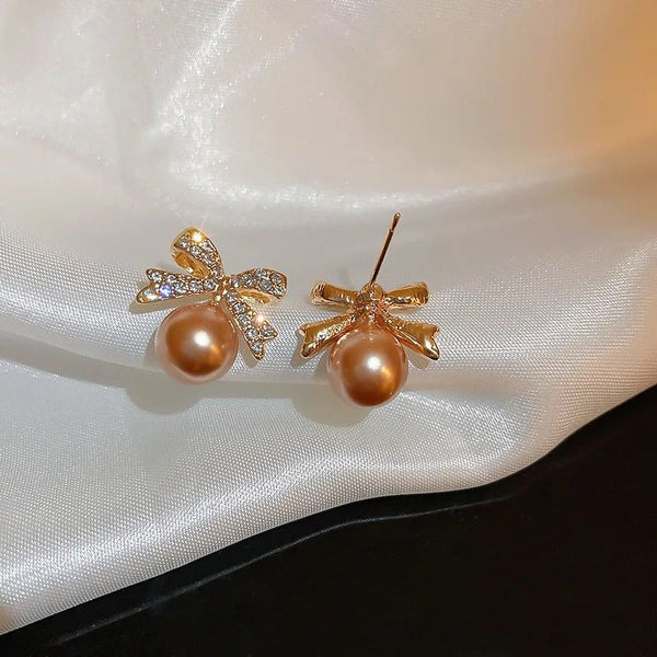 Gold Shiny Bow-Tie Pearl Earrings