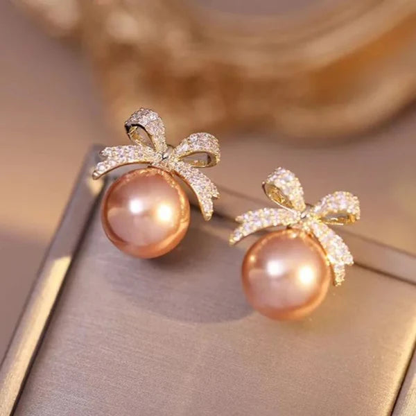 Gold Shiny Bow-Tie Pearl Earrings