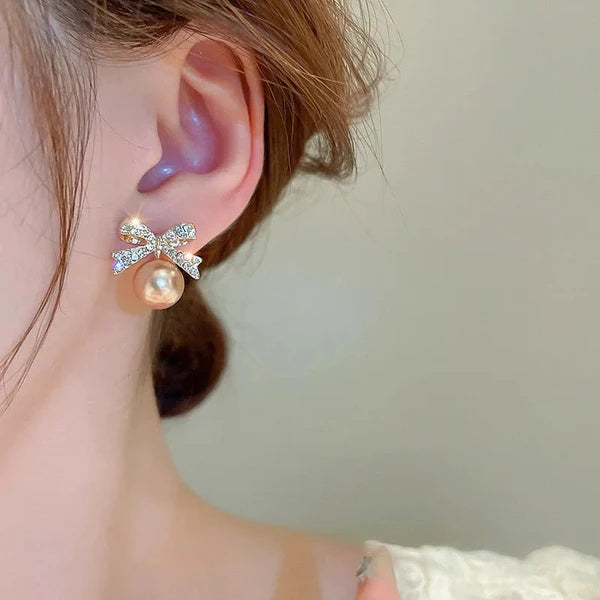 Gold Shiny Bow-Tie Pearl Earrings