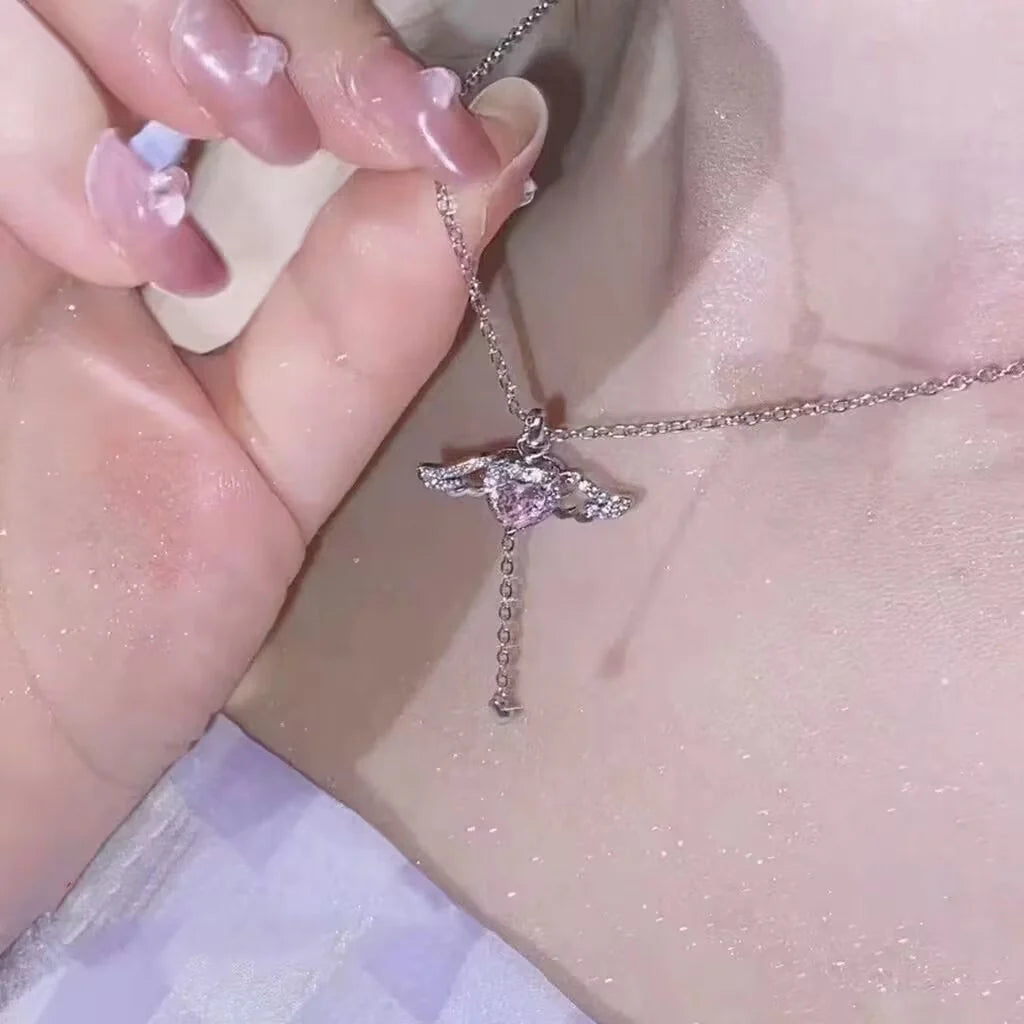 Silver Angel Heart Chain Pendant Necklace