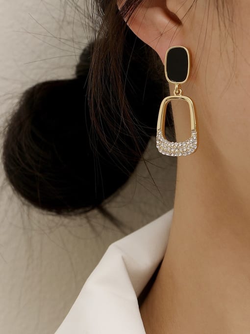 Black-Golden-Geometric Rhinestone Drop Earrings