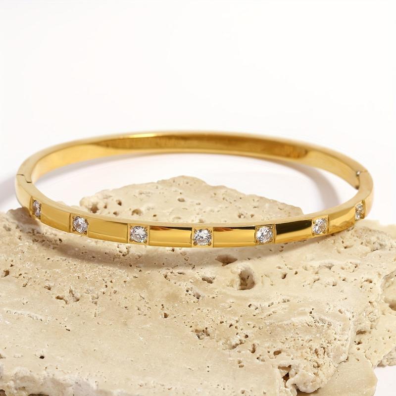 Lisa Stainless Steel 18K Gold Plated Rhinestone Studded Bangle Bracelet