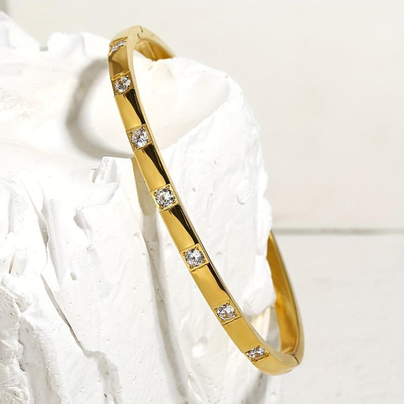 Lisa Stainless Steel 18K Gold Plated Rhinestone Studded Bangle Bracelet