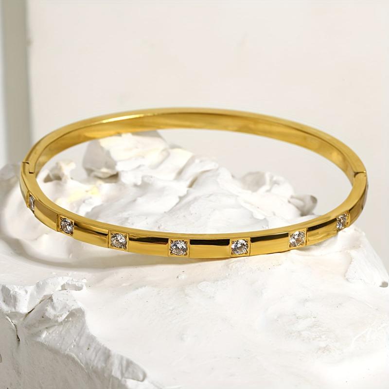 Lisa Stainless Steel 18K Gold Plated Rhinestone Studded Bangle Bracelet