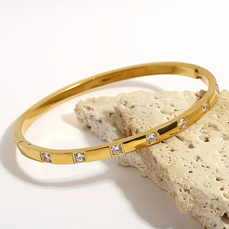 Lisa Stainless Steel 18K Gold Plated Rhinestone Studded Bangle Bracelet