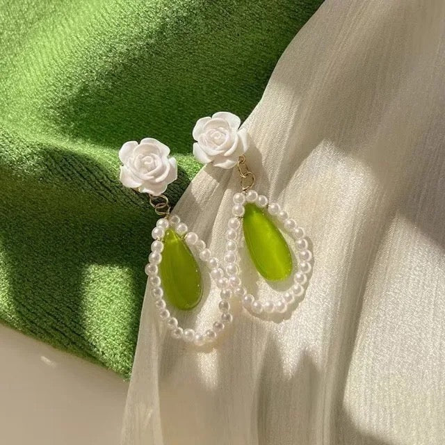 Elegant Soft White Flower Green Drop Earrings