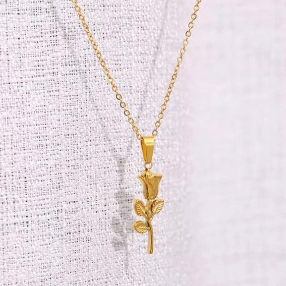 18K GOLD PLATED ROSE STEM PENDANT NECKLACE