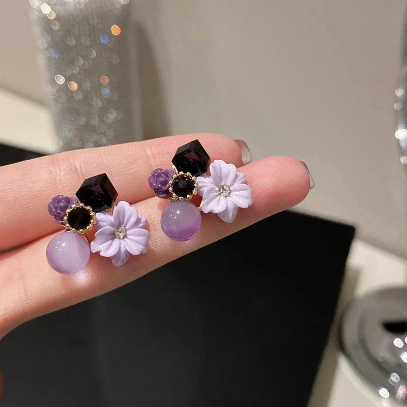 Purple - Crystal Flower Stud Earrings