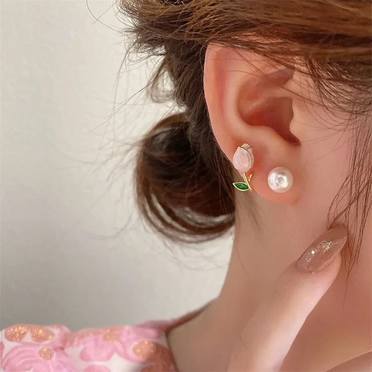 White-Pearl With Soft Pink-Rose Earrings