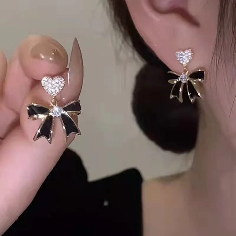 Black-Bow Heart Earrings