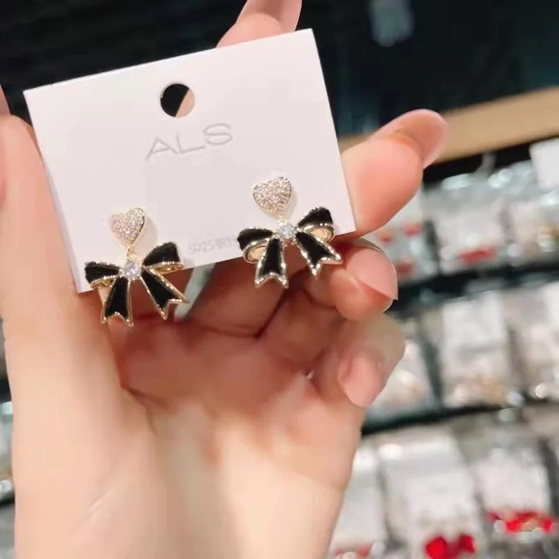 Black-Bow Heart Earrings