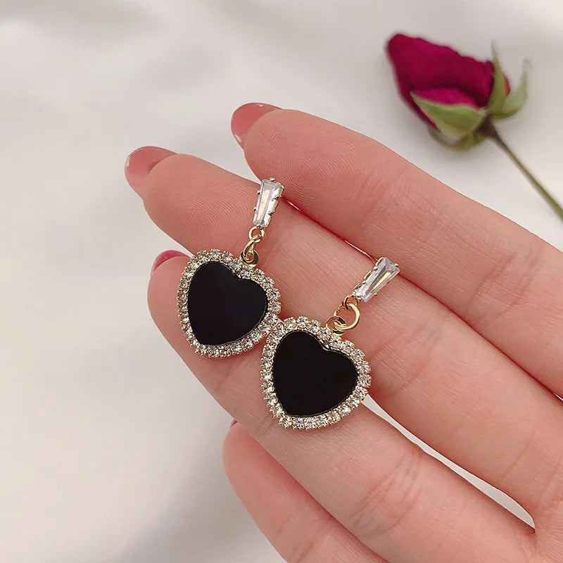 Heart Shaped Black and Crystal Drop Dangle Earrings