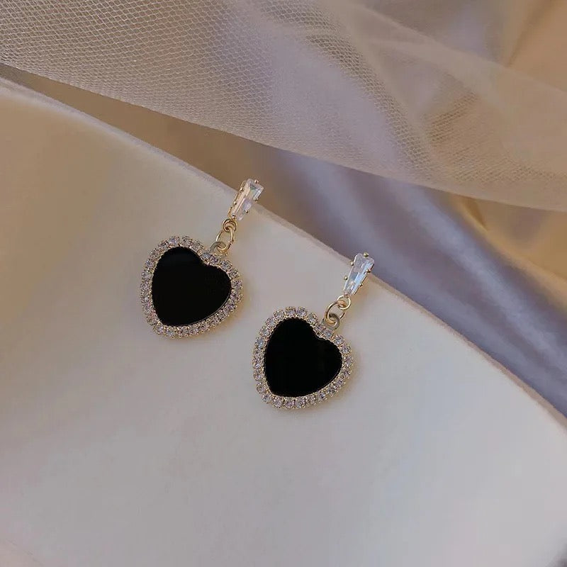 Heart Shaped Black and Crystal Drop Dangle Earrings
