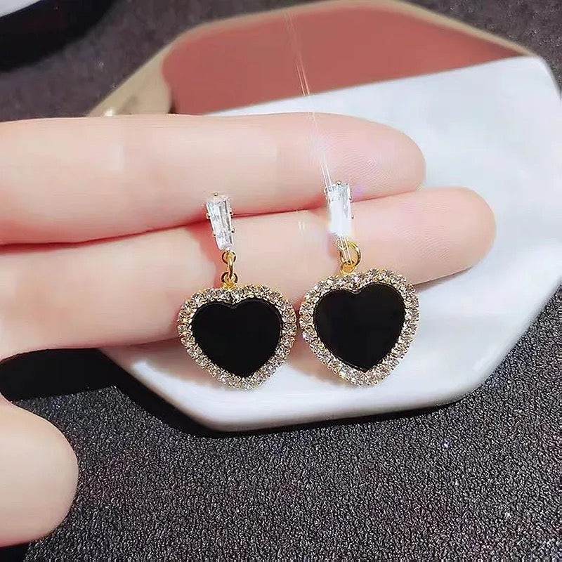 Heart Shaped Black and Crystal Drop Dangle Earrings