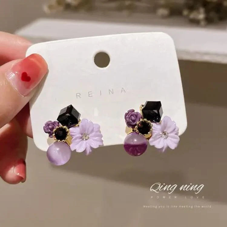 Purple - Crystal Flower Stud Earrings