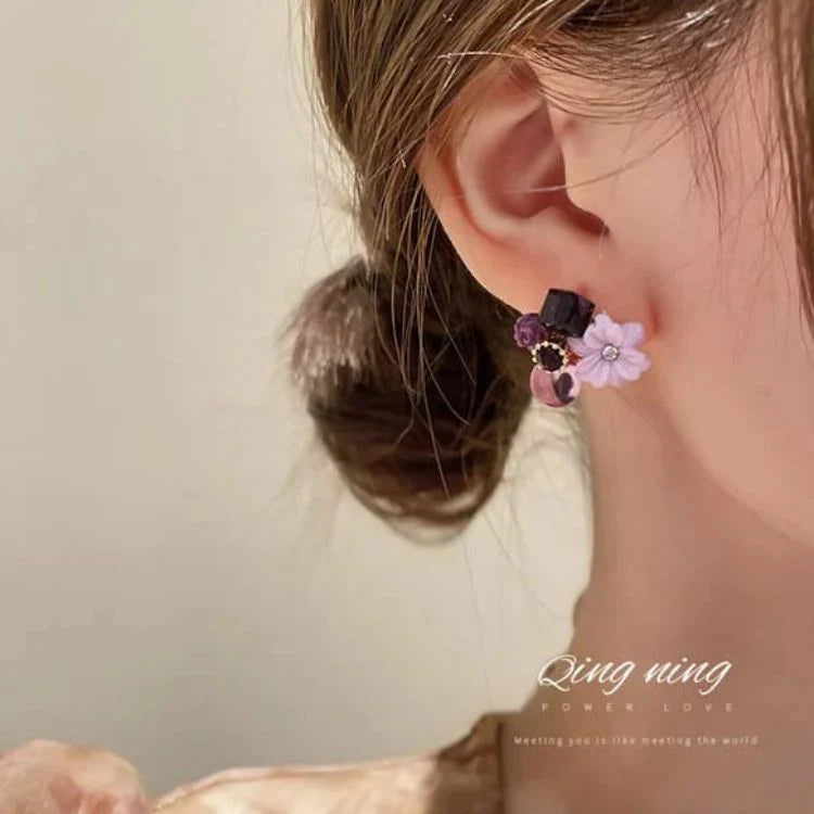 Purple - Crystal Flower Stud Earrings