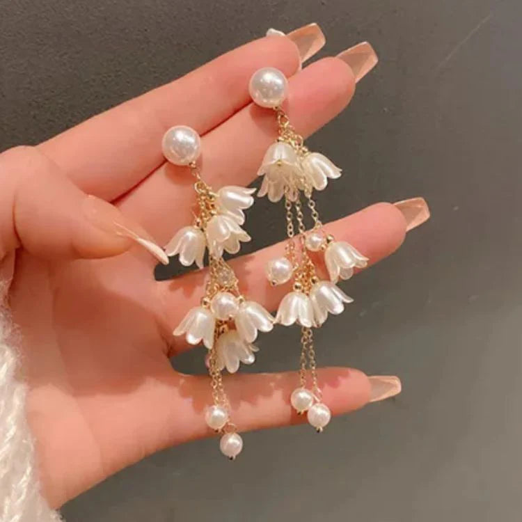 Pearl Flower Long Chain Earrings