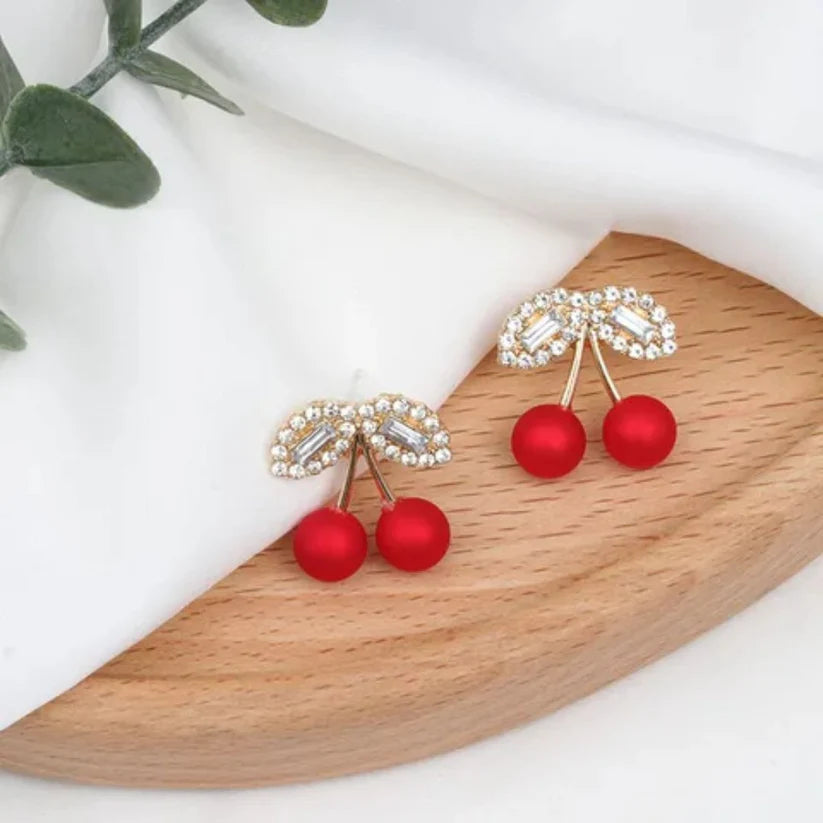 Red Pearl Charm Cherry Earrings