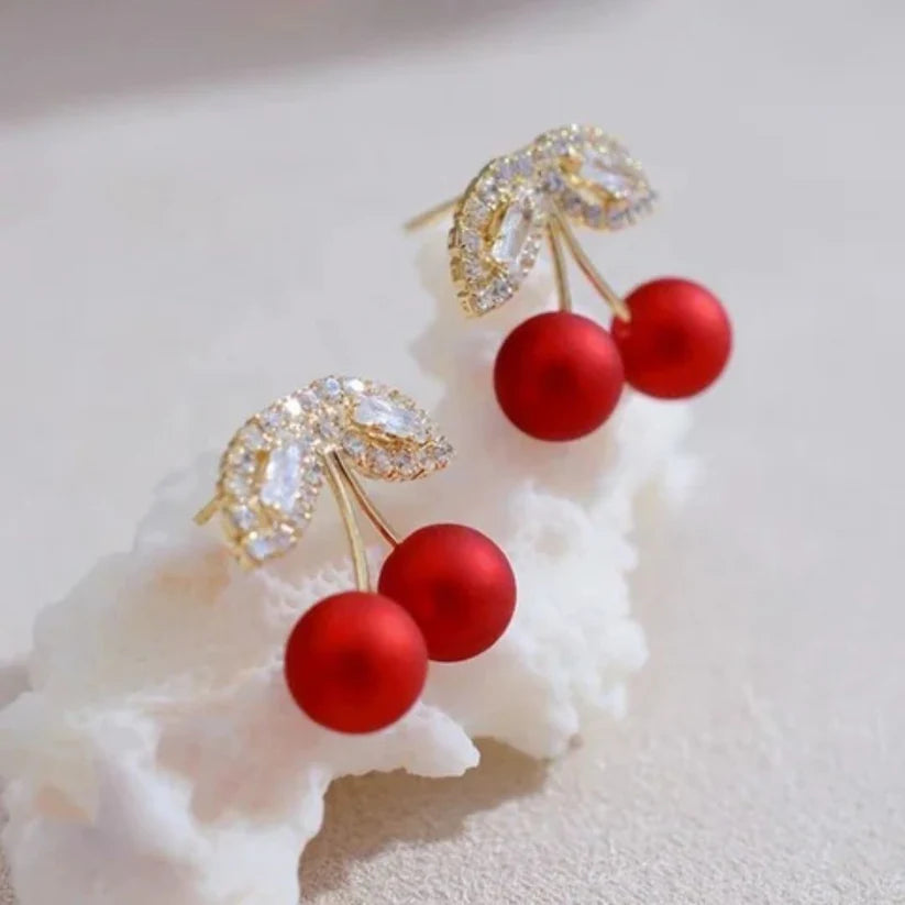 Red Pearl Charm Cherry Earrings