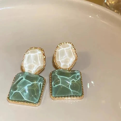 Green Geometric Drop Statement Earrings