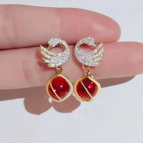 Cute Swan With Red Pearl Earrings