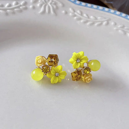 Yellow-Crystal Flower Stud Earrings