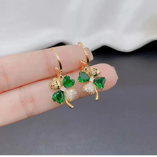 Golden And Green Four-Leaf Clover Earrings