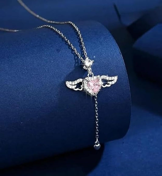 Silver Angel Heart Chain Pendant Necklace