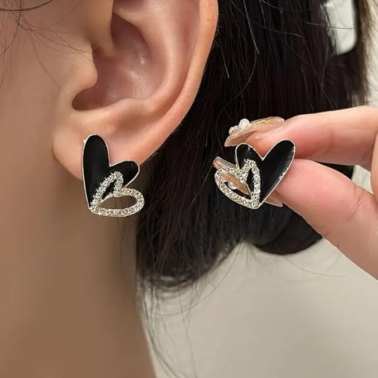 Double Heart Black Stud Earrings