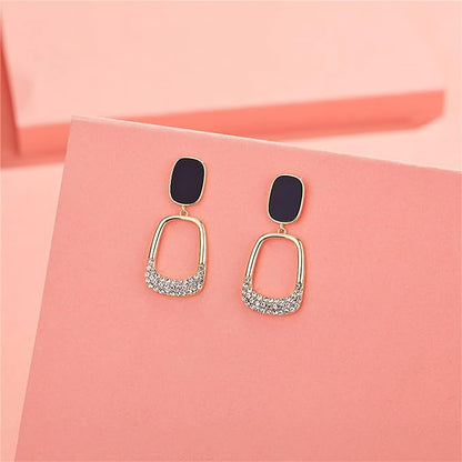Black-Golden-Geometric Rhinestone Drop Earrings