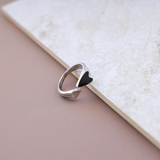 Love Knuckle Double Heart Silver Black Adjustable Ring
