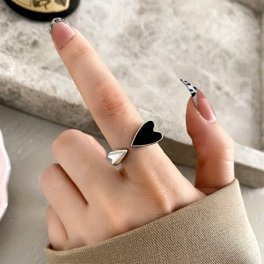 Love Knuckle Double Heart Silver Black Adjustable Ring
