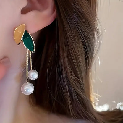 Leaf Pearl Dangler Statement Earrings