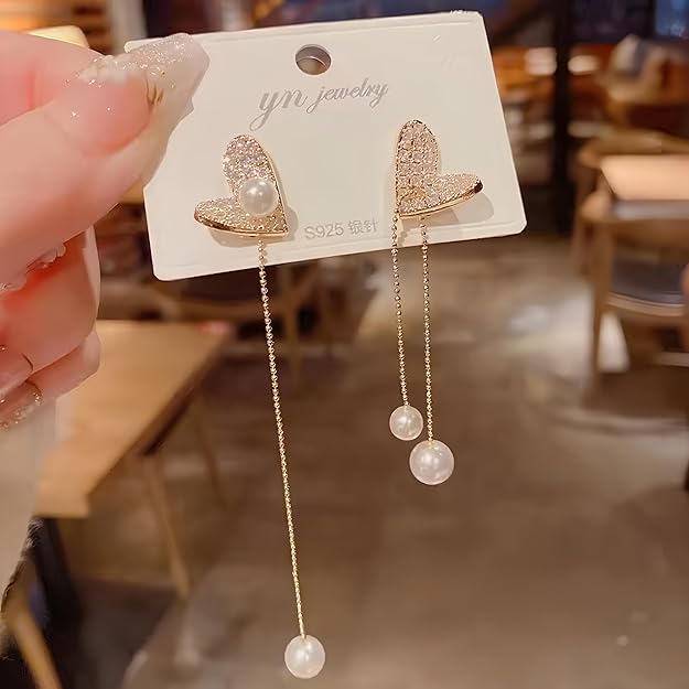 Pearl Heart Drop Tassel Earrings