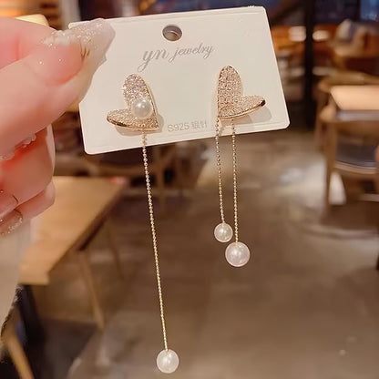 Pearl Heart Drop Tassel Earrings